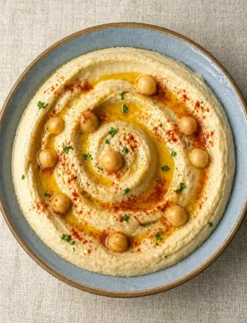 Homemade hummus in a glass jar with olive oil drizzle