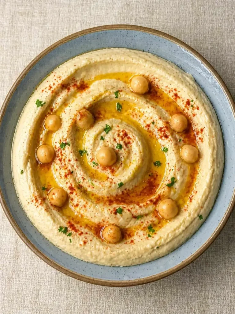 Homemade hummus in a glass jar with olive oil drizzle