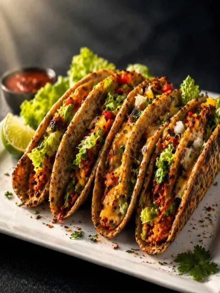 Loaded roti taco with paneer beans lettuce bell pepper and sriracha mayo