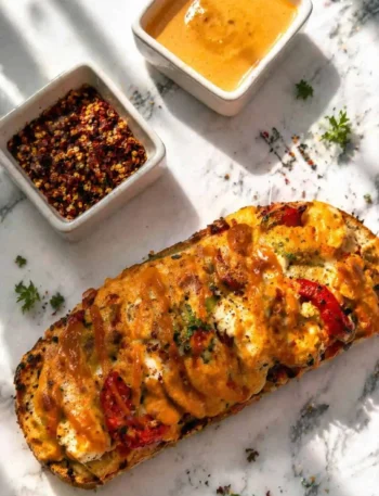 Peri-peri style paneer sourdough toast with melted mozzarella and bell peppers