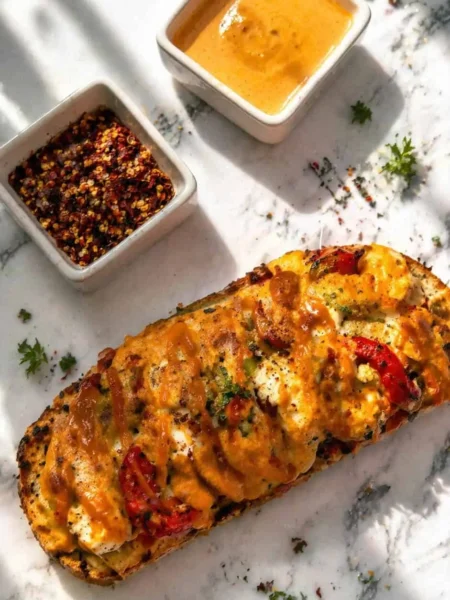 Peri-peri style paneer sourdough toast with melted mozzarella and bell peppers