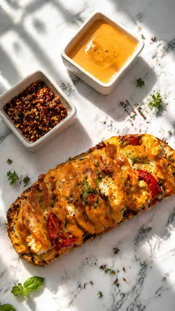 Peri-peri style paneer sourdough toast with melted mozzarella and bell peppers