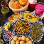 Raj kachori filled with bhalla sprouts pomegranate sev and beetroot yogurt