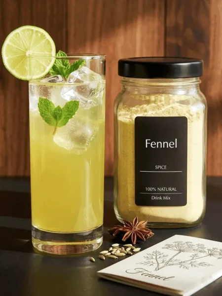 Saunf sharbat fennel lemonade in a glass with ice and lemon
