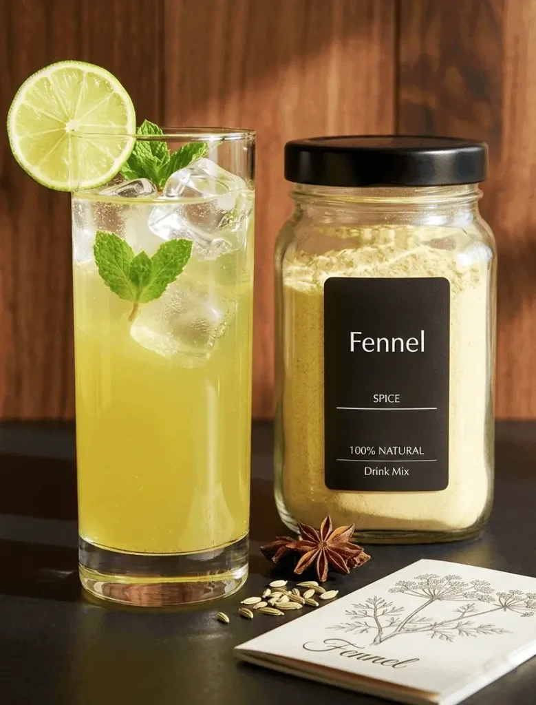 Saunf sharbat fennel lemonade in a glass with ice and lemon