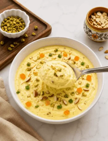 Saffron shrikhand in a small glass jar topped with pistachios almonds and tutty fruity