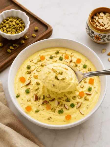 Saffron shrikhand in a small glass jar topped with pistachios almonds and tutty fruity