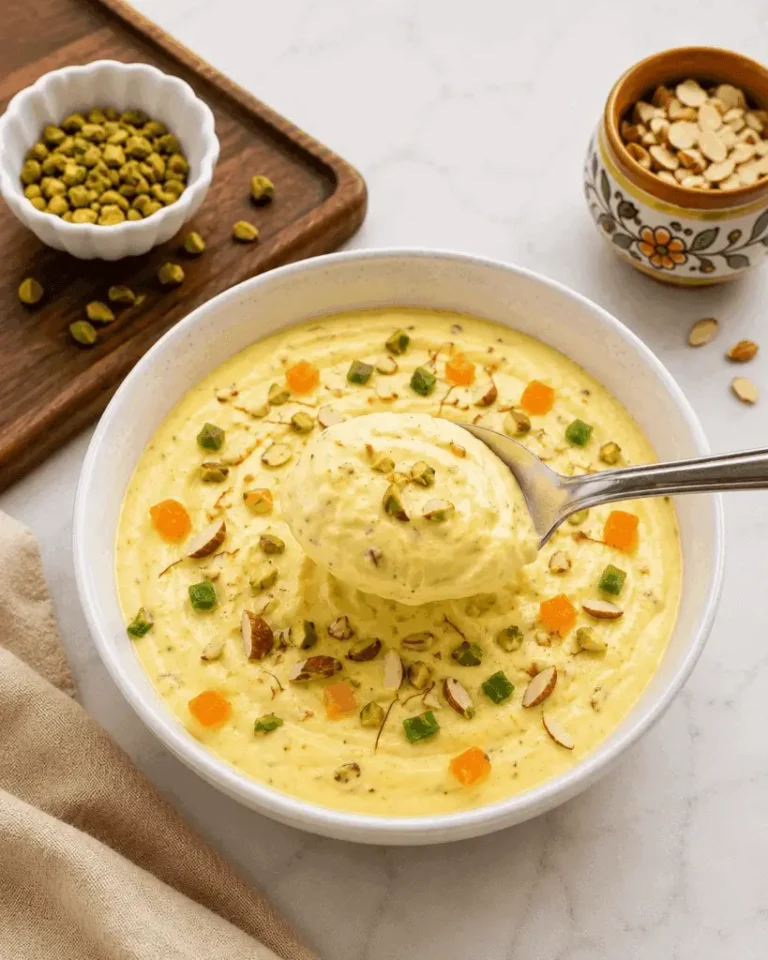 Saffron shrikhand in a small glass jar topped with pistachios almonds and tutty fruity